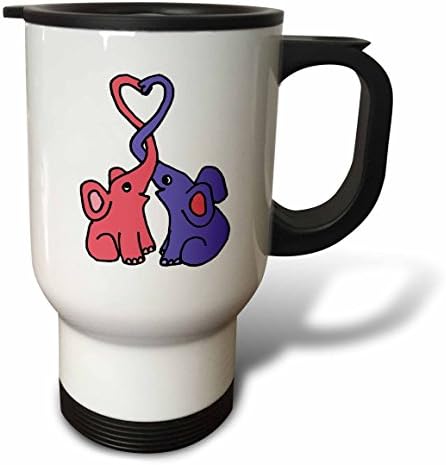 3dRose Сладки Сини и розови Слоники с Преплетени къси спортни гащета и Пътна чаша във формата на сърце, 14 Грама, Неръждаема стомана