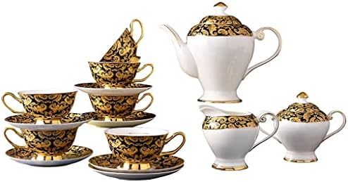GENIGW 15 Бр Класически Стил Керамични Чай Златен Порцеланов Комплект Напитки за Следобеден чай, за 6 Човека