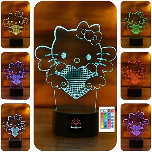 Serkyhome 3D Илюзия Нощни осветителни Тела за Деца на възраст от 7 Цвята с Дистанционно Управление 3D Коте Настолна Лампа