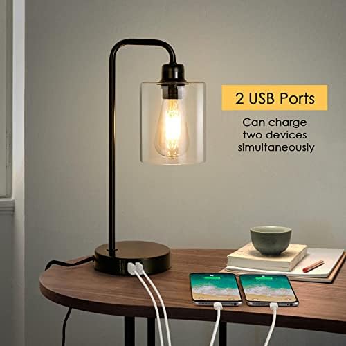Индустриална настолна лампа A. T. Lums - Настолна лампа с докосване, 2 USB порта, 3-Позиционна регулируема яркост, Нощно шкафче, настолна Лампа със стъклен абажуром за Спал