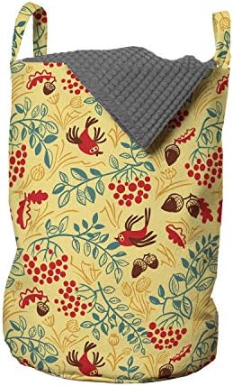 Чанта за дрехи Ambesonne Acorn, Състав от горски животни в Дивата Природа, Цветни Листа, Птици и Плодове, Кошница за