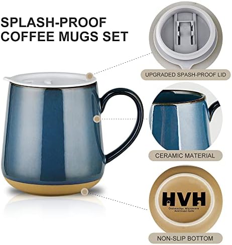 Керамични Кафеена чаша HVH с капак, Комплект за кафе на steins обем 17 мл от 4 парчета, колекция от керамични чаши кафе на с Голяма дръжка, Голяма керамична чаша с капак за ?