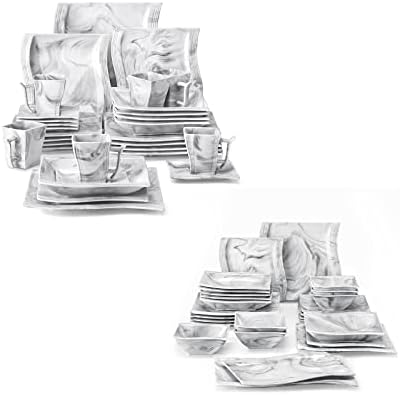 Комплекти Квадратни чинии MALACASA от Сив мрамор 30 предметите, Комплект от 26 Чинии и Мисок, Серия FLORA