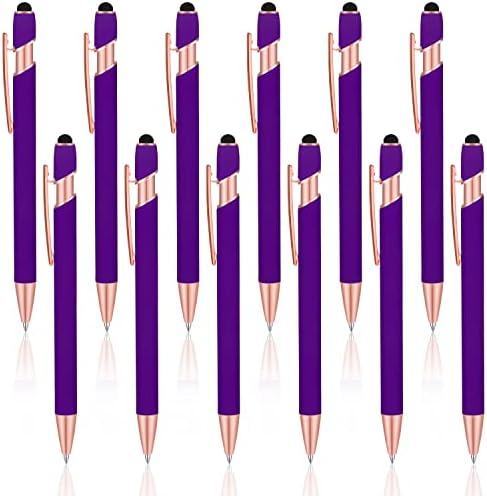 Qupaen 12 Бр. Химикалки със Стилуса, Метални химикалки 2 в 1 с Черно мастило за сензорни екрани, като средната точка 1 mm, меки улавяне (лилаво и розово злато)