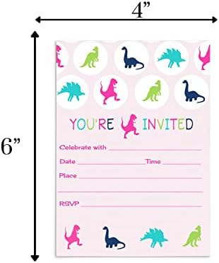 Хартиени Покани с динозавром за момичета на парти и Плик от 15 празни Покани за Рожден Ден момичета, детски душ, Деца - Тема Динозавър Розово, тъмно синьо, Аквамаринов