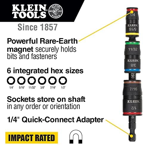 Klein Tools 55604 Раница за инструменти за количка, чанта за инструменти и ударни устройство, Комплект ударни откидных гнезда 7 в 1, 6 Размери шестоъгълни дискове плюс държа?