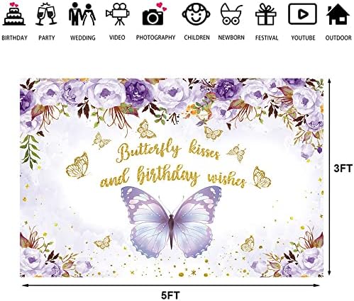 Hilioens 5 × 3 метра Фон с Целувки пеперуди и Пожелания за рожден Ден, Лилав Фон с Цветя за Момичета, Фон за Рожден Ден,