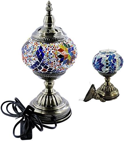 Мозайка турска лампа SILVERFEVER от Марокански стъкло за Маса, Прикроватной нощни Шкафчета, Бронзовата основата на светлина E12-2 Размер (Бирюзово-златен-7,5 D * 15H)
