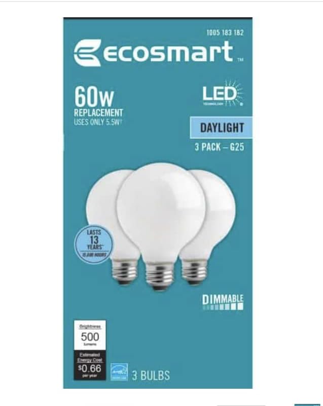 EcoSmart 60-Ватов Еквивалент на G25 Globe С регулируема яркост на Energy Star Конец с нажежаема Жичка от Матово Стъкло