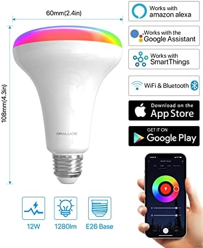 Умна лампа ORALUCE BR30, led прожекторные лампи, Работи с Алекса Google Assistant, което е равно на 12 w 100 W, 1280 Лумена, Осветителни крушки RGBCW 2700-6500 КЪМ, които променят цвета си, за кон?