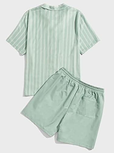 FIOXA Комплект дрехи от две части за мъже, Мъжка риза райе с принтом и къси панталони с завязками на кръста, пълен Комплект (Цвят: мятно-зелен, Размер: 3X-Large)