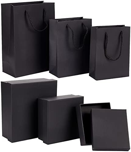 BENECREAT 3 Стилна Черна кутия за Подарък Опаковъчна Кутия с Капак, Мат Картонена Опаковка Кутия с 3 бр. пакет хартиени кърпи за ръце от крафт-хартия за Годишнини, Рождени