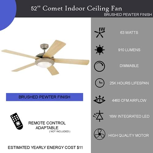 Ciata Lighting 52-Инчов вентилатор на Тавана Кометата за помещения с регулируема яркост на led осветителното тяло е от