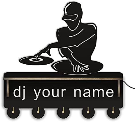 The Geeky Days DJ Play Държач за ключове, с диск за стена, DJ Вашето Име, Дървени Стенни Закачалка за шапки, срок на годност-Органайзер за пощенски медали, Шкаф с 5 метални куки, ?
