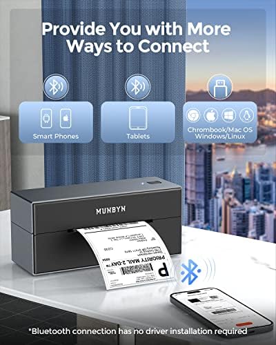Термотрансферен печат MUNBYN Bluetooth, Принтер за етикети за доставка на колети 4x6, Безжичен за домашния офис, Съвместим