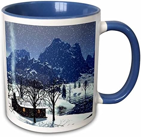 Триизмерна кружка_60818_6 Дървена барака в снежна сцена, два тона сини чаша, 11 грама, Многоцветен