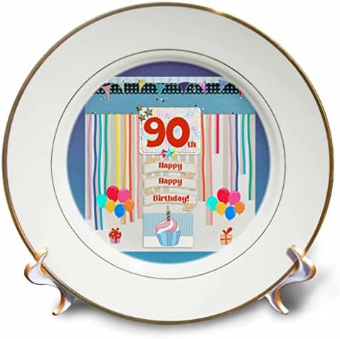 Триизмерен образ на етикет с участието на 90-та годишнина, Торта, Свещи, балони, подаръци, Серпентина - Чинии (cp_360025_1)