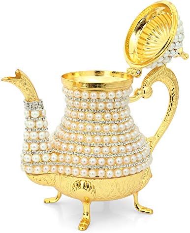 Луксозен и Елегантен чайник от мед и месинг, украсена с устойчиви на високи температури кристали и перли (Голям Златен