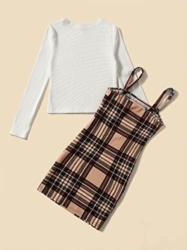 Комплект дрехи WDIRARA за момичета от 2 теми, Трикотажная тениска в рубчик с дълъг ръкав и Клетчатое рокля на бретелях