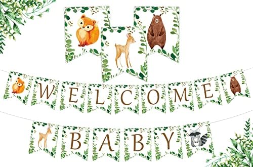 Банер Woodland Welcome Baby - Венец с участието на горски животни, гирлянда, с овсянками за декорация на детската душа