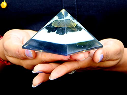 Турмалин ръчно изработени с реактивна енергия + метален цветето на живота от шунгита, пирамида от Оргона, около 3,5-4 см, безплатна брошура, Кристаллотерапия, Приятел?