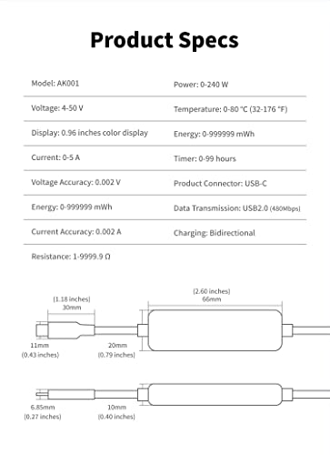 ChargerLAB Power-Z AK001 Многофункционален Тестов кабел за зареждане USB PD мощност 240 W с цветен дисплей (1.5 M / 5 ft)