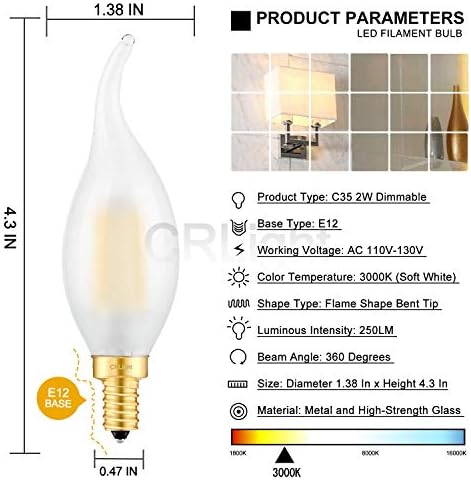 CRLight Led лампа-Канделябр Мощност от 25 W, Еквивалент на 250 Лумена, 3000 К, Мека Бяла 2 W, Led лампи, с регулируема