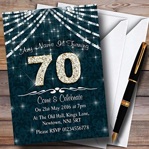 Персонални Покани на парти по повод 70-годишнината от Бирюзово-Бели орнаменти Sparkle Birthday Party