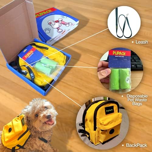 Шлейка-раница PuPack Dog Pack Жълт цвят за кучета С Вграден дозатор за какашек - Лека чанта за домашен любимец с регулиращи