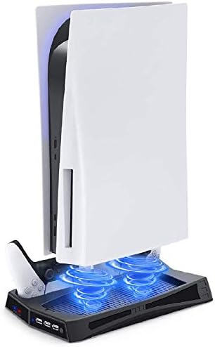 Вертикална поставка за зареждане TPFOON с охлаждащ вентилатор за PS5 Digital Edition и PS5 UHD Edition, включително док-станция за зареждане на 2 контролери DualSense и 3 USB хъб, за Sony Playstation
