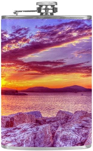 Фляжка за Алкохол от Неръждаема Стомана Запечатани с Фуния 7,7 унция в Кожа Джоба една Чудесна Идея за подарък Фляжка - Sunset Purple Nature