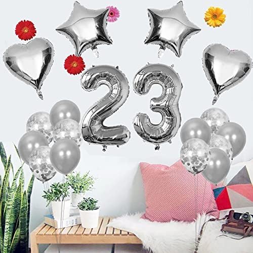 Сребърен Комплект Балони с номер 23 - 32 инча Балон с номер 23 в формата на Сърце, Звезда, Фолио, Майларовое Конфети,