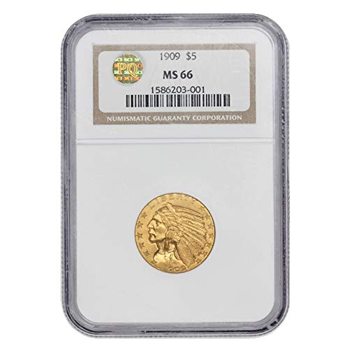 1909 г. Американската Златна глава индианец Half Eagle MS-66 PQ, одобрен от Държавен монетным двор Злато за 5 долара