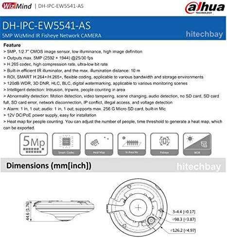 Dahua IPC-EW5541-5-мегапикселова панорамна IP мрежова камера Рибешко око, фиксиран обектив 1.4 мм, вграден микрофон,