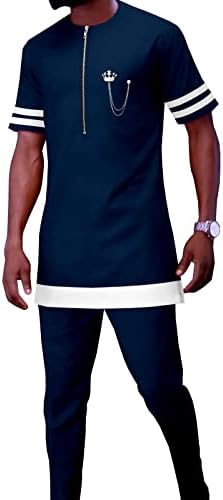 Африканска Облекло за Мъже, Спортни дрехи, Блузи и Панталони в стил Дашики, Комплект от 2 теми, Блуза в стил Анкара с Веригата, Официално Облекло