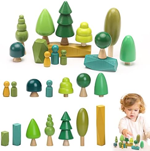 Набор От Играчки Macabaka Wooden Tree 14 Бр., Дървена Сортиране, Подреждане, Балансиране, Каменни Камъни, Естествени Дървени Мини-Дървета за Дома, Topper за Торта и играчки Монтес