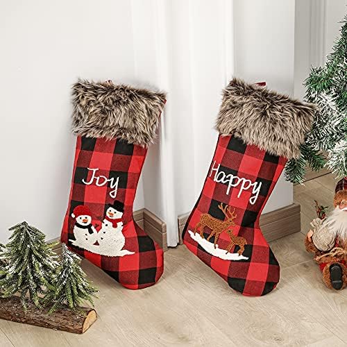 Коледни Чорапи - 4 комплекта 18,5Гигантски червено-черни коледни отглеждане в клетка цвят Бизон, Украси с Коледна Елха,