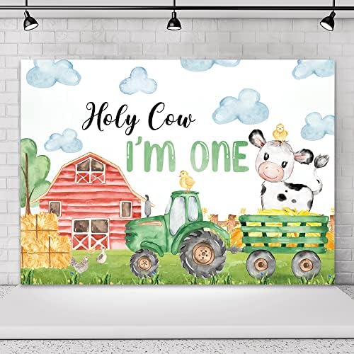 Omifly Свещената Крава, Аз съм Един, на Фона на Рожден Ден за деца, 7x5 фута, Стена за Фотография, Млечен Добитък, Една Животно, Селска Къща, Сладък Зелен Трактор, на Фона, н