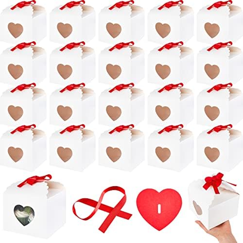 Gueevin 50 Опаковки Подарък Кутии във формата на Сърце, Кутии за Сватбени Подаръци, Малки Кутии за Предложения с Витрина, Бели Кутии за Печене с Бирками, Панделки, Хартия