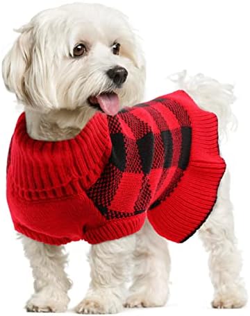 Рокля-пуловер за кучета Lelepet, Пуловер с висока воротом, Трикотажное Топло Рокля за момичета и кучета за есен-зима, Коледа Пуловер в клетката с Шарени Кучета за малки