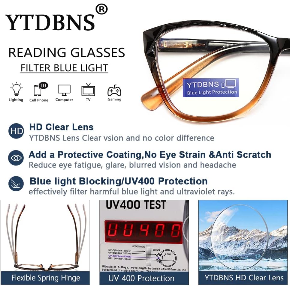 YTDBNS 5 Опаковки Очила за четене Котешко око, Блокер Синя светлина Очила с пружинным тръба на шарнирна връзка, Очила за четене, Защита от пренапрежение на очите /UV-лъчи