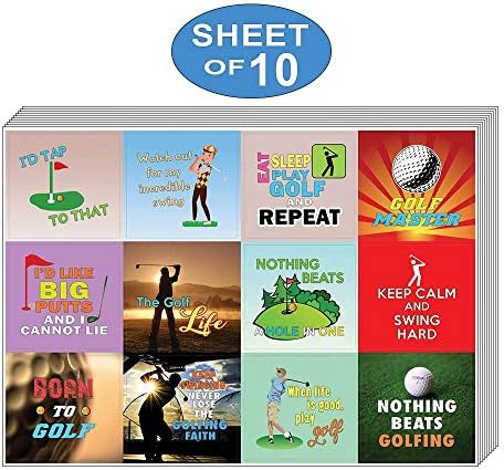 Етикети за голф Creanoso Inspirating Sayings (10 листа) - Общо 120 броя (10x12 бр.), индивидуален Малък размер на 2,1 x 2.0 инча, уникален дизайн, художествена стикер Направи си сам за деца