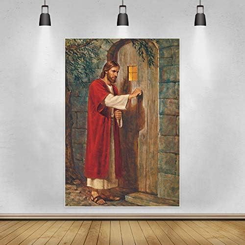 Laeacco 3x5ft Винил Фон За Снимки Исус Христос Чука на Вратата На Фона на Входната Врата на Древна Каменна Къща Исус