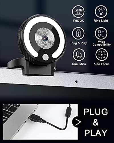 Уеб камера 2K с околовръстен подсветка, потоковая уеб камера Ultra HD с микрофон, 3 цвята и 3 нива на яркост, автоматичен