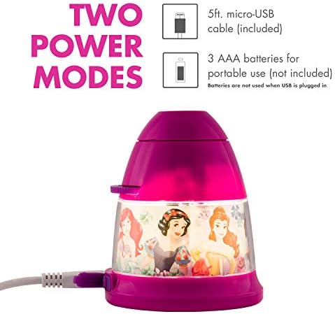 Проектор Disney Princess Led лека нощ, plug чрез Micro-USB или батерии, 8 изображения Моаны, Пепеляшка, Рапунцел, Жасмин и други, идеален за стаята момичета, спалня, детска, 43684, Бял