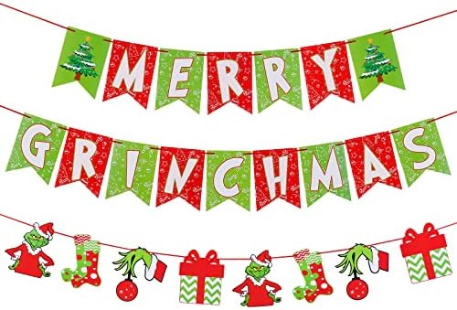 Червено-Зелено Банер с Весел Гринчмасом и Венец на Гринч, Коледна Украса Гринч, за да проверите за Коледна украса Гринчмас,
