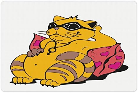 Забавно килимче за храна и вода, Дебел Котарак с Очила, който се намира на Възглавницата, Релаксиращ Карикатура Мързелив
