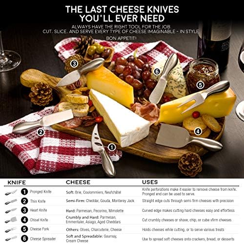 Комплект ножове за сирене ICOSA Living Lunar от 6 теми - Колекция от Ножове За сирене от премиум-клас От неръждаема Стомана - Аксесоари за дъска за табла, Готов подарък с 15 Пра