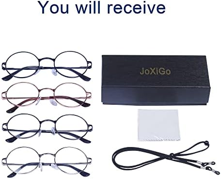 Очила за четене JoXiGo, 4 опаковки, за жени и мъже, кръгла, метална дограма в ретро стил + лента за очила