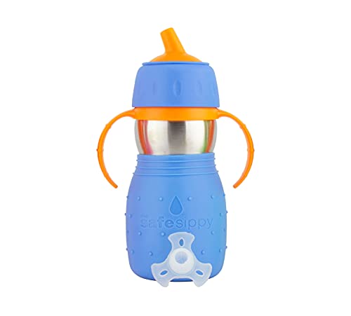 Kid Basix Safe Sippy, Чаша от неръждаема стомана за бебета / деца, през Цялата чучур, Могат да се мият в миялна машина, Не съдържа BPA, 11 грама. Пътуване /Училище/Play Blue